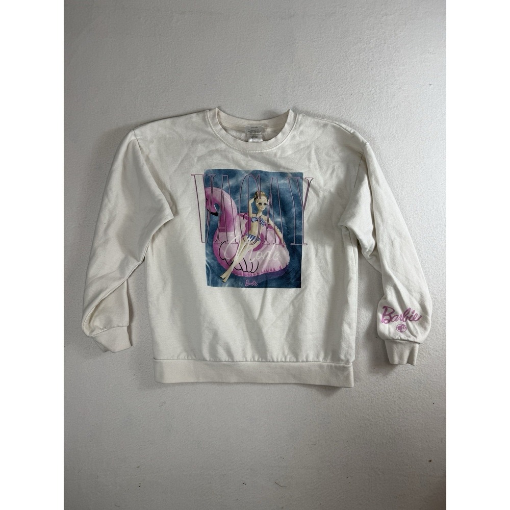 Barbie Womens Vacay Mode Graphic Sweatshirt Size Small White Flamingo Pool